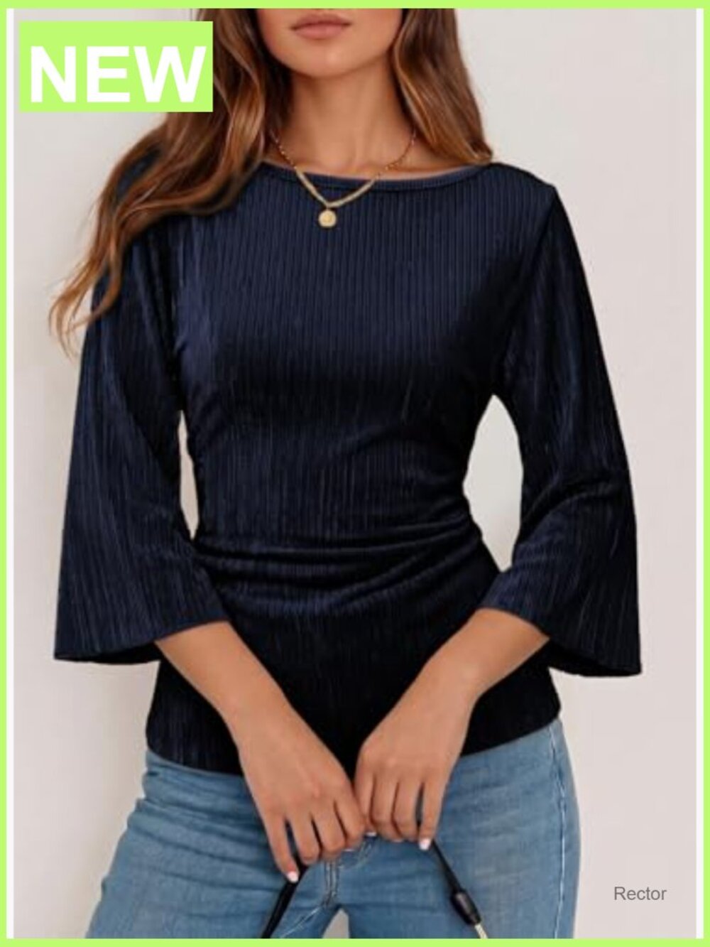 Womens Ribbed Knit 3/4 Bell Sleeve Boat Neck Ruched Waist Fitted Tee Top - Picture 3 of 7